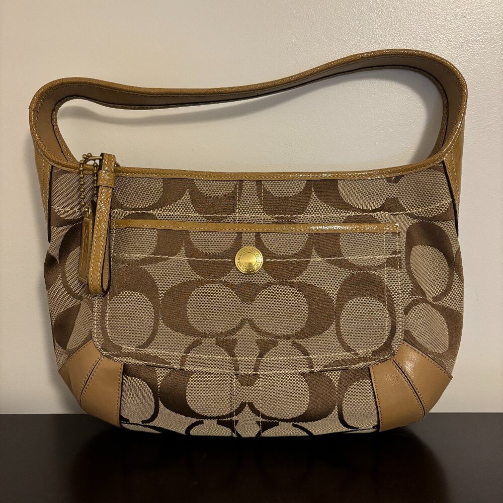 Coach Signature Tan Khaki Patent Leather Ergo Hobo